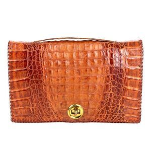 VINTAGE 50s 60s BROWN ALLIGATOR REAL SKIN FLAP HANDBAG CLUTCH POCKETBOOK